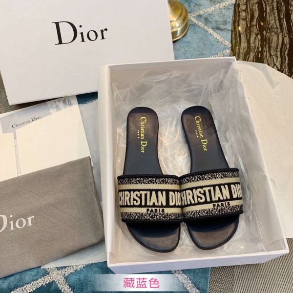 Dior Dway Mule In Navy Embroidered Cotton